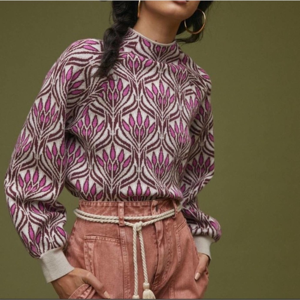Anthropologie Beatriz Purple Floral Print Mock Neck Balloon Sleeve Sweater XS